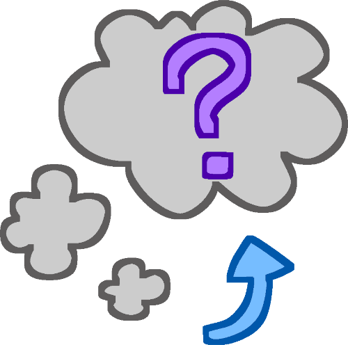 A light gray thought bubble containing a purple question mark, with a blue arrow underneath the bubble pointing up at it.